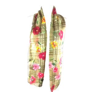Rectangle Scarf 58 X 10 Gray/ Green Plaid Pink Red Poppies Floral Feminine Sheer